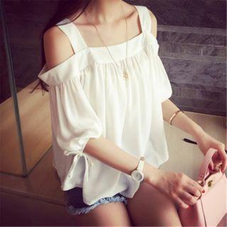 Short-sleeve Off-shoulder Plain Top White - One Size