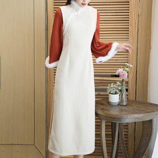 Mock Two-piece Long-sleeve Print Fluffy Trim Midi A-line Qipao Dress