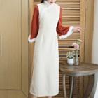 Mock Two-piece Long-sleeve Print Fluffy Trim Midi A-line Qipao Dress