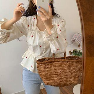 Embroidered Blouse Red Flowers - Off-white - One Size