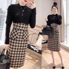 Set: Knit Top + Houndstooth Midi A-line Skirt