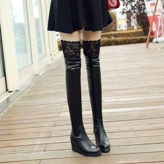 Faux Leather Lace Trim Over-the-knee Boots