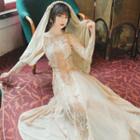 Open-back Long-sleeve A-line Maxi Lace Dress