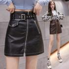 Belted Faux Leather Irregular A-line Mini Skirt