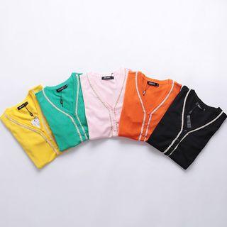3/4-sleeve Patterned Trim Open-knit Cardigan