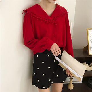 Lace Trim Double-breasted Blouse Red - One Size