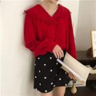 Lace Trim Double-breasted Blouse Red - One Size