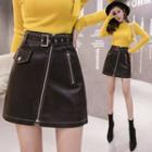 Set: Faux Leather Mini A-line Skirt + Belt