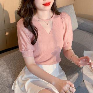 Puff Sleeve Cutout V-neck Knit Top