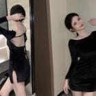 Off-shoulder Tie-back Velvet Minidress Black - One Size