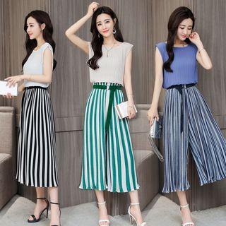 Set: Cap Sleeve Top + Cropped Striped Wide-leg Pants