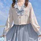 Sailor Collar Bow Cropped Blouse / Pleated Midi A-line Skirt