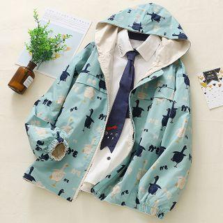 Duck Print Hooded Zip Jacket As Shown In Figure - One Size