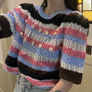 Elbow-sleeve Striped Pom Pom Knit Top