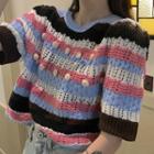 Elbow-sleeve Striped Pom Pom Knit Top