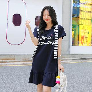 Stripe-panel Ruffle-hem Dress