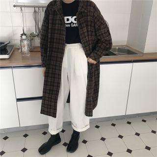 Single Breasted Plaid Long Coat Plaid - One Size