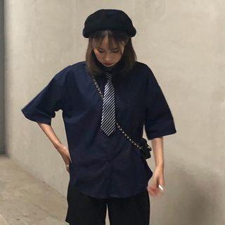 Short-sleeve Shirt With Neck Tie / Plain Shorts