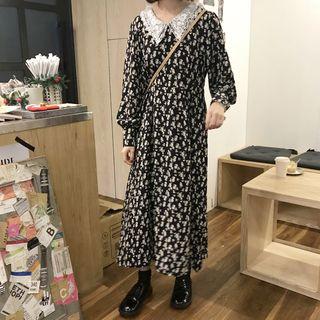 Long-sleeve Floral Print Midi A-line Dress Black - One Size