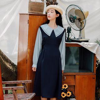Two-tone Double Collar Long-sleeve Dress