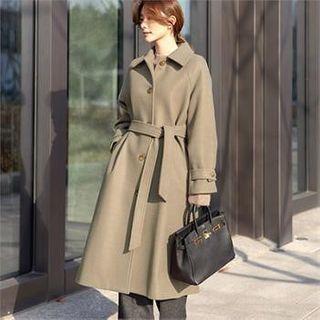 Single-breasted Long Coat Sash Khaki - One Size