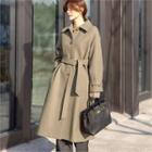 Single-breasted Long Coat Sash Khaki - One Size