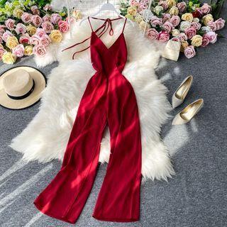 V-neck Halter Wide-leg Jumpsuit