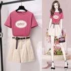 Set: Short-sleeve Lettering T-shirt + Wide Leg Shorts + Belt