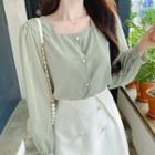 Square-neck Faux-pearl Button Blouse