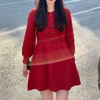 Lantern-sleeve Knit Mini A-line Dress Red - One Size