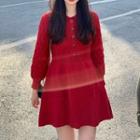 Lantern-sleeve Knit Mini A-line Dress Red - One Size