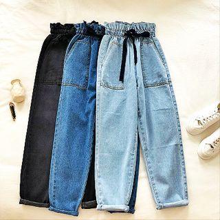 Plain High-waist Drawcord Harem Jeans