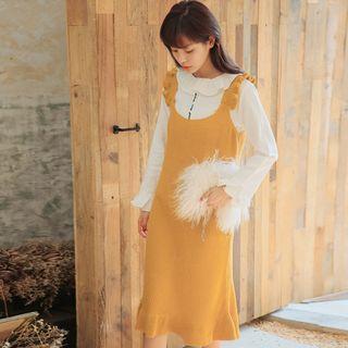 Set: Peter Pan Collar Plain Shirt + Sleeveless Plain Knit Dress