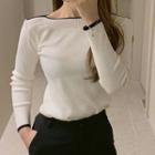 Contrast-trim Knit Top White - One Size