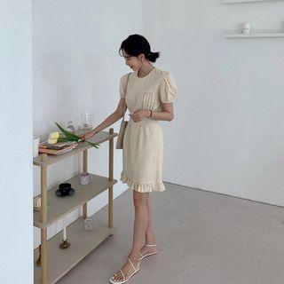 Puff-sleeve Shirred Frill-hem Dress