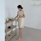 Puff-sleeve Shirred Frill-hem Dress