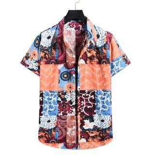 Short-sleeve Paneled Floral Print Shirt