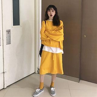 Set: Balloon-sleeve Pullover + Midi A-line Skirt