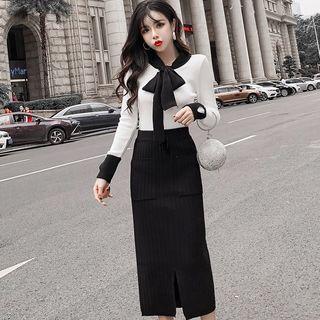 Tie-neck Knit Top / Straight Cut Midi Knit Skirt / Set
