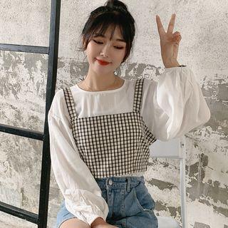 Set: Lantern-sleeve Blouse + Plaid Camisole
