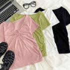 Short-sleeve Drawstring V-neck Plain T-shirt