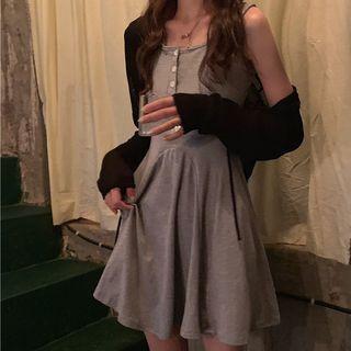 Spaghetti Strap Buttoned A-line Mini Dress / Sheer Cardigan
