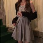 Spaghetti Strap Buttoned A-line Mini Dress / Sheer Cardigan