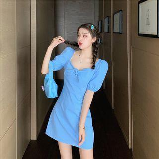 Square-neck Plain Bow A-line Mini Dress