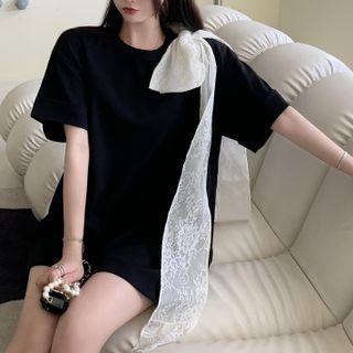 Short-sleeve Bow Accent T-shirt Black & White - One Size
