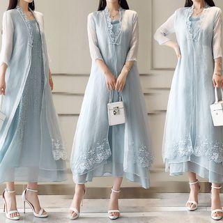 Set: Lace Trim Open Front Jacket + Chiffon Sleeveless Midi Dress