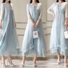 Set: Lace Trim Open Front Jacket + Chiffon Sleeveless Midi Dress