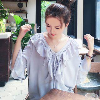 V-neck Lace-up Ruffle Trim 3/4-sleeve Top
