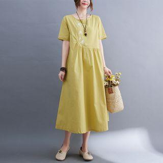 Short-sleeve Embroidered Linen Midi A-line Dress