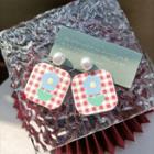 Flower Square Faux Pearl Acrylic Dangle Earring 1 Pair - Silver Needle Earrings - Red & White - One Size